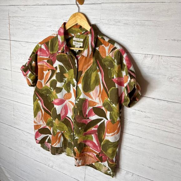 Rachel Zoe Top Womens Size Medium Colorful Floral Foliage 100% Linen Button Down - Picture 5 of 16